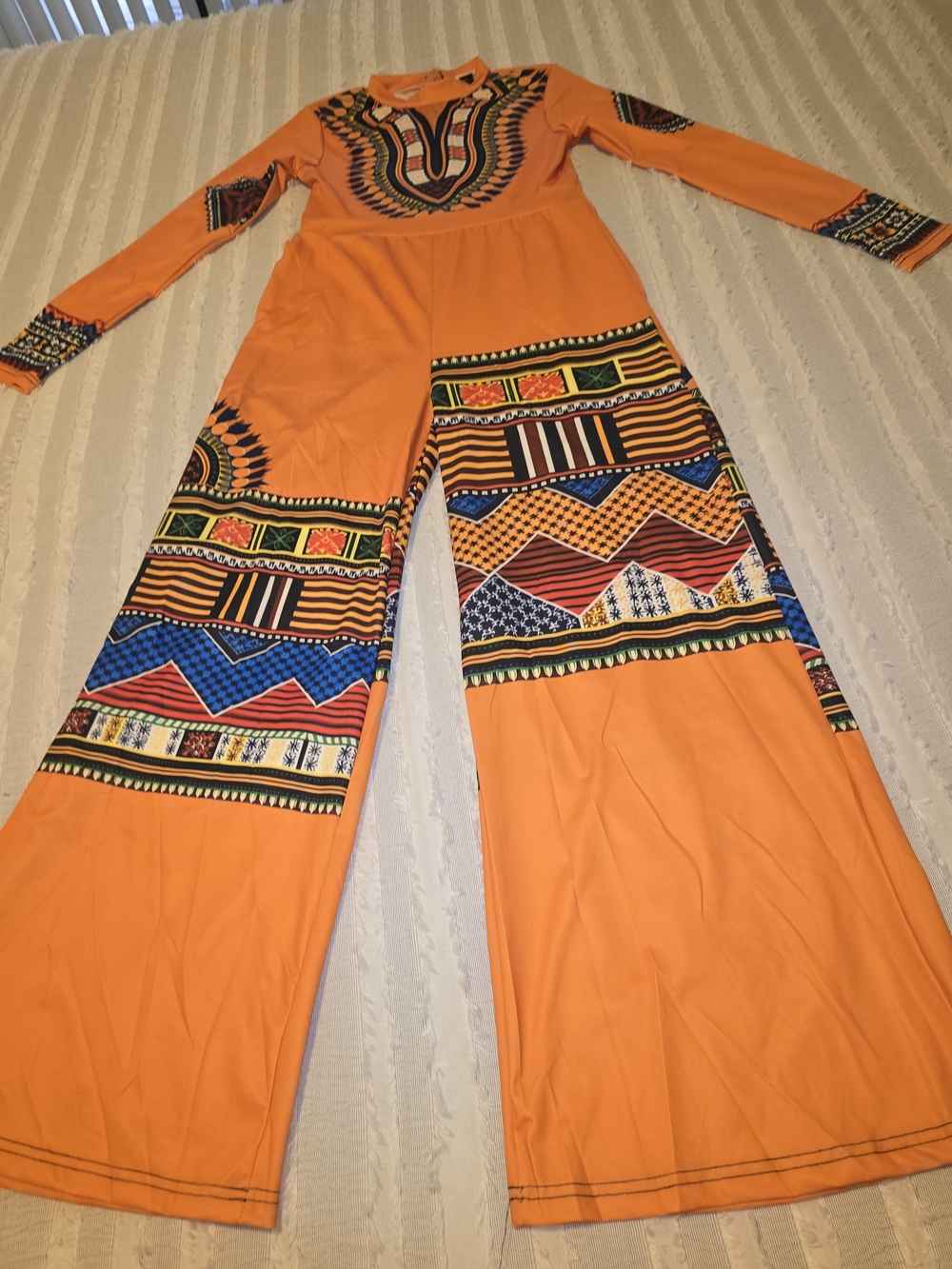 Bright Orange Printed Wide-Leg Jumpsuit with Tribal Motif NWOT